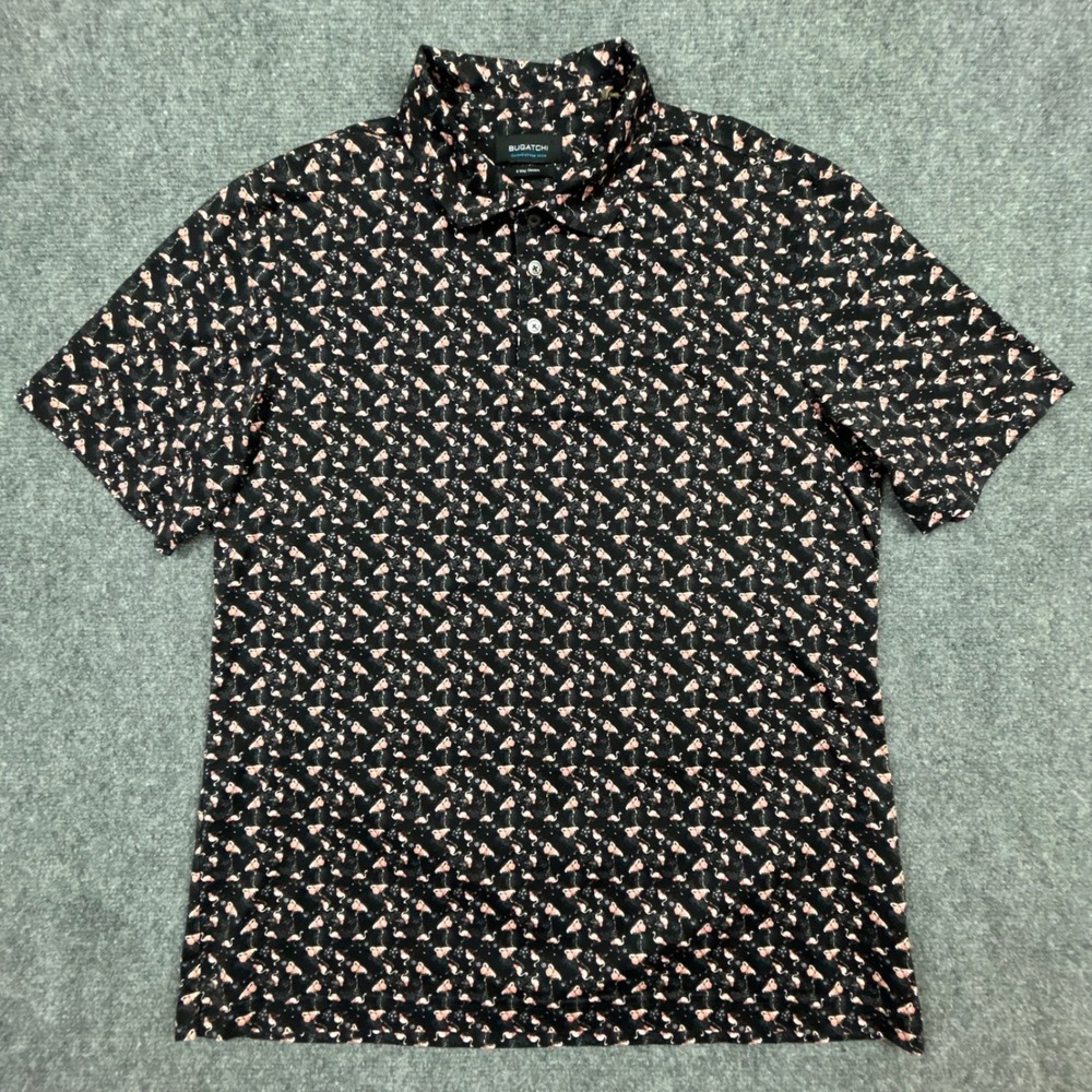 Bugatchi Polo Shirt Mens L Black Flamingo OoohCotton Tech 8-Way Stretch Print